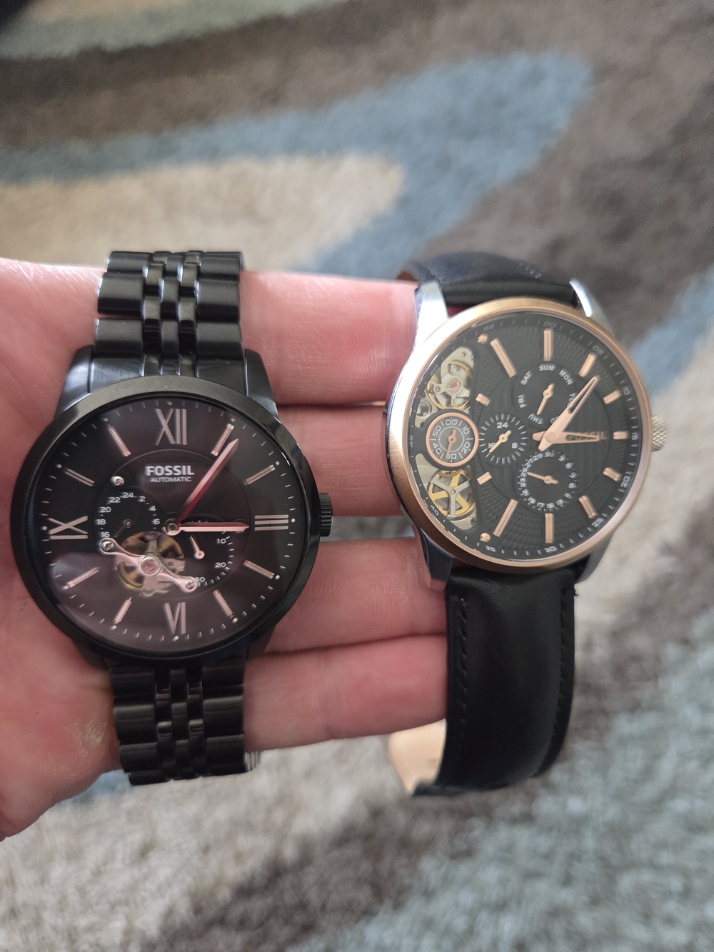 Fossil Black and Rose Gold Skeleton Dial Watches
